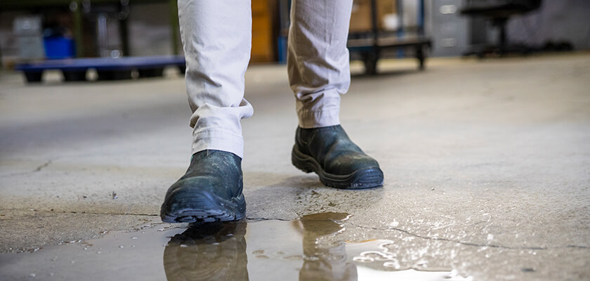 Man slipping on puddle of water on the ground